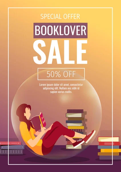 图书爱好者 图书馆的促销传单设计 女人在泡泡里看书和成堆的书 特价图片 — 图库矢量图片