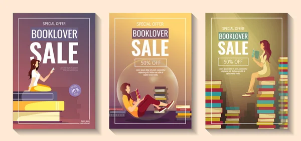 Set Prospectus Vente Promotionnelle Pour Librairie Librairie Amateurs Livres Lecteur — Image vectorielle