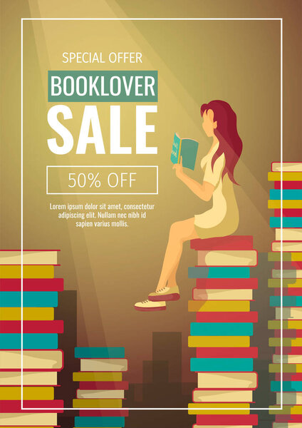 Promo sale flyer for bookstore, bookshop, book lovers, E-book reader, Library. Woman sitting with book on the stack of books. Vector illustration for poster, banner, advertising.