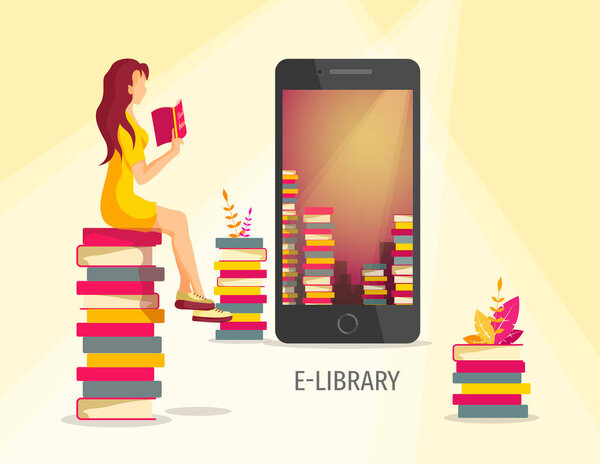 E-book reader apps, E-library, book lovers concept. Mobile phone ebook reader application, piles of books and woman reading book. Vector illustration for poster, banner, cover, presentation, brochure.