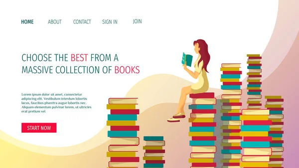 Webseiten Design Für Buchhandlungen Online Bibliotheken Bücherliebhaber Bibliophile Stapelweise Bücher — Stockvektor