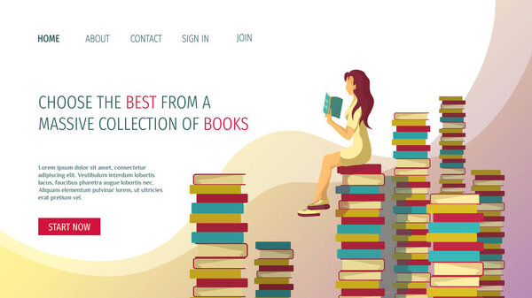 Web page design for bookstore, online library, book lovers, bibliophiles. Piles of books and Woman reading book. Vector illustration for poster, banner and website development.  