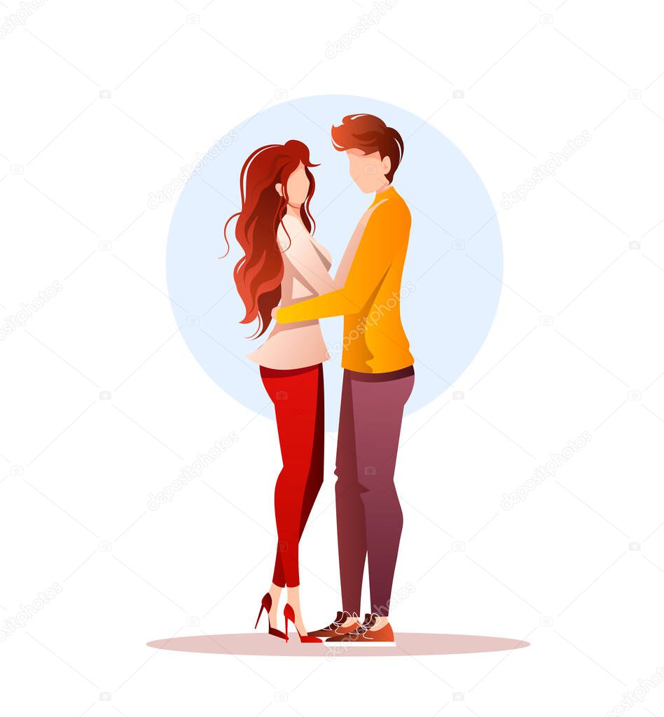 Young couple in love. Loving man hugging woman. Relationship, Love, Valentines day, 14 february, Romantic, Date concept. Vector illustration for banner, website, poster, card.