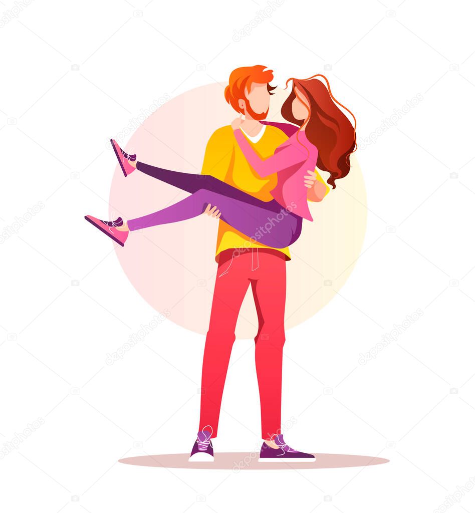 Young couple in love. Loving man holding woman in his arms. Relationship, Love, Valentines day, Romantic concept. Isolated vector illustration for banner, postcard, poster, card.