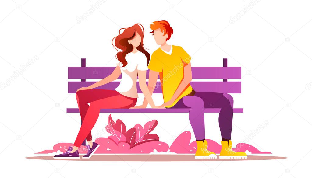 Young couple in love sitting on a bench. Relationship and Love concept for Valentines day. Date Vector illustration for banner, website, poster, card.