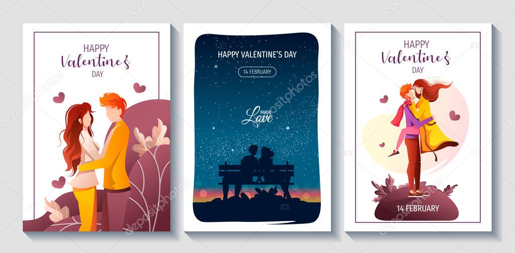 Set of web pages for Happy Valentine's Day with young couples in love. Relationship, Love, Valentine's day, Romantic concept. Vector illustration for banner, poster, card, website.
