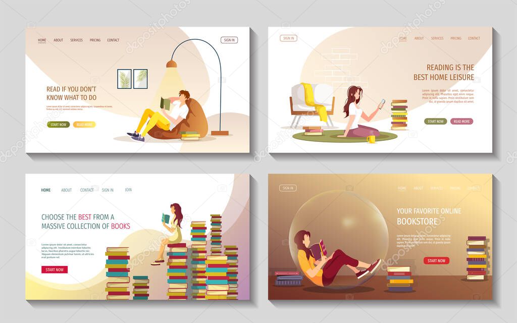 Set of web pages with reading people. Book lovers, E-book reader, Home leisure, Bookstore concept. Vector illustration for poster, banner, cover, website.