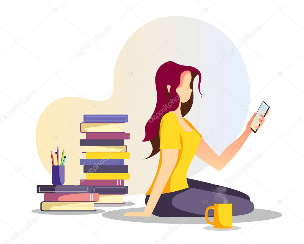 Woman sitting with phone and stacks of books at home. Reading, book lovers, E-book reader, home leisure concept. Isolated vector illustration for poster, banner, cover, card.