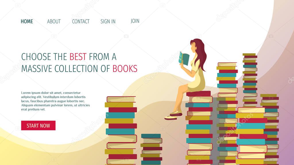 Web page design for bookstore, online library, book lovers, bibliophiles. Piles of books and Woman reading book. Vector illustration for poster, banner and website development.  