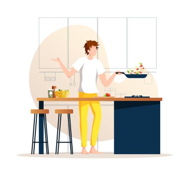 Adam mutfakta yemek hazırlıyor. Malzemeli tava, salatalı kase. Yemek blogu, yemek pişirme, yemek tarifi, ev yapımı yemek konsepti. Reklam, kart, poster ve afiş için vektör illüstrasyonu.