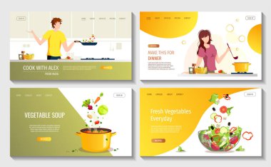Yemek blogu, yemek pişirme, yemek tarifi, akşam yemeği, ev yemeği için web sayfaları. İnsanlar mutfakta yemek hazırlıyorlar. Çorba ve salatalı tava. Web sitesi, poster, afiş için vektör illüstrasyonu.