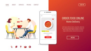 Sipariş yemeği, ev teslimatı, restoran ve online menü için web sayfası tasarımı. Masada ve online menüde yemek yiyen bir çift. Poster, afiş, reklam, web sitesi için vektör illüstrasyonu.