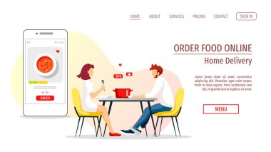Sipariş yemeği, ev teslimatı, restoran ve online menü için web sayfası tasarımı. Masada ve online menüde yemek yiyen bir çift. Poster, afiş, reklam, web sitesi için vektör illüstrasyonu.