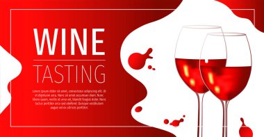 Şarap dükkanı için web sayfası tasarım şablonu, tatma, parti, romantizm. Kırmızı şaraplı iki bardak. Pankart, web sitesi, poster, broşür için vektör illüstrasyonu.