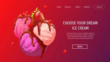 Dondurmacı ya da dükkan için web sitesi tasarımı, Sweet ürünleri, Tatlı. Çeşitli aromalı ve meyveli dondurma. Poster, afiş, web sitesi, ticari, menü, broşür için vektör illüstrasyonu.