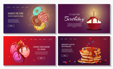 Dondurmalı pankart, krep, kek ve çörek. Fırın, tatlı ürünler, tatlı konsepti. Poster, afiş, el ilanı, reklam, ticari ve menü için vektör illüstrasyonu.