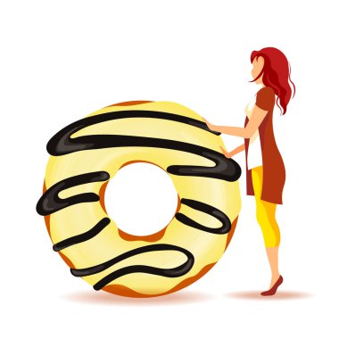 Kocaman donutlu bir kadın. Pastane, Donut Dükkanı, Tatlı Ürünler, Şekerleme, Tatlı, Kahvaltı Konsepti. Poster, bayrak, ticari, menü için vektör illüstrasyonu.