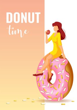 İlan tasarımı, üzerinde kocaman bir çörek oturan bir kadın. Donut Dükkanı, Tatlı Ürünler, Pastane, Şekerleme, Tatlı, Kahvaltı Konsepti. Poster, afiş, el ilanı, ticari ve menü için vektör illüstrasyonu.