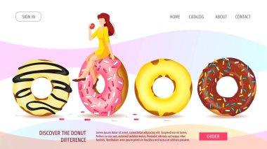 Donut Dükkanı, Tatlı Ürünler, Fırın, Şekerleme, Tatlı için web sayfası tasarımı. Çeşitli çörekler ve üzerinde oturan bir kadın. Poster, afiş, web sitesi, reklam, menü için vektör illüstrasyonu.
