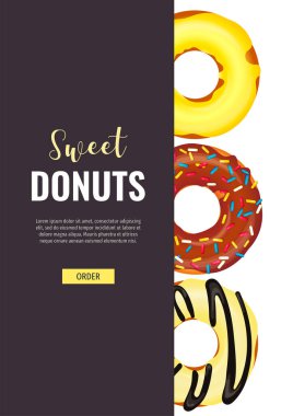 Donut Dükkanı, Tatlı Ürünler, Fırın, Şekerleme, Tatlı için web sayfası tasarımı. Çeşitli malzemelerle donutlar. Poster, afiş, web sitesi, reklam, menü için vektör illüstrasyonu.