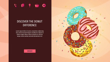 Donut Dükkanı, Tatlı Ürünler, Fırın, Şekerleme, Tatlı için web sayfası tasarımı. Çeşitli malzemelerle uçan donutlar. Poster, afiş, web sitesi, ticari, menü, broşür için vektör illüstrasyonu.