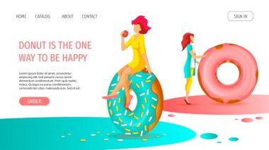 Donut Dükkanı, Tatlı Ürünler, Fırın, Şekerleme, Tatlı için web sayfası tasarım şablonu. Muazzam çeşitlilikte donutları olan kadınlar. Poster, afiş, web sitesi, reklam, menü için vektör illüstrasyonu.