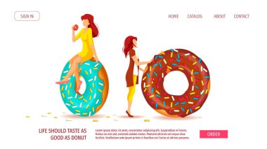 Donut Dükkanı, Tatlı Ürünler, Fırın, Şekerleme, Tatlı için web sayfası tasarım şablonu. Muazzam çeşitlilikte donutları olan kadınlar. Poster, afiş, web sitesi, reklam, menü için vektör illüstrasyonu.