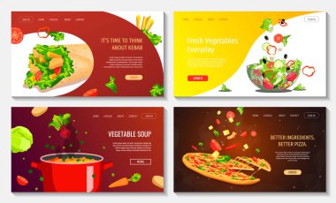 Sağlıklı yemek ve yemekler için web siteleri tasarımı, Doğal ürünler, Tarifler, Çevrimiçi menü, Fast Food. Sebze çorbası, pizza, kebap, taze salata. Posterler, pankartlar, menüler, web siteleri için vektör illüstrasyonu.
