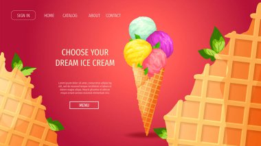 Dondurmacı ya da salon için pankart tasarımı, Sweet ürünleri, Tatlı. Çeşitli aromalı dondurma külahları. Poster, afiş, kapak, ticari, el ilanı, menü, reklam için vektör illüstrasyonu.
