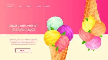 Dondurmacı ya da salon için pankart tasarımı, Sweet ürünleri, Tatlı. Çeşitli aromalı dondurma külahları. Poster, afiş, kapak, ticari, el ilanı, menü, reklam için vektör illüstrasyonu.