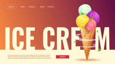 Dondurmacı ya da salon için web sitesi tasarımı, Tatlı Ürünler, Tatlı, Yaz. Çeşitli aromalı dondurma külahları. Poster, afiş, web sitesi, broşür, menü, reklam için vektör illüstrasyonu.