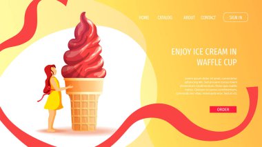 Dondurma salonu ya da dükkan için el ilanı tasarımı, Sweet ürünleri, tatlı. Küçük kız ve gözleme kabında dondurma. Poster, afiş, el ilanı, ticari, menü, reklam için vektör ilülasyonu.