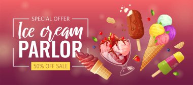 Çeşitli dondurmalarla birlikte web sayfası tasarımı. Dondurma salonu ya da dükkan, tatlı ürünler, tatlı konsepti. Poster, pankart, web sitesi, reklam, ticari ve menü için vektör illüstrasyonu.