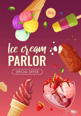 Çeşitli dondurmalarla birlikte web sayfası tasarımı. Dondurma salonu ya da dükkan, tatlı ürünler, tatlı konsepti. Poster, pankart, web sitesi, reklam, ticari ve menü için vektör illüstrasyonu.