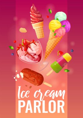 Çeşitli dondurmalarla birlikte web sayfası tasarımı. Dondurma salonu ya da dükkan, tatlı ürünler, tatlı konsepti. Poster, pankart, web sitesi, reklam, ticari ve menü için vektör illüstrasyonu.