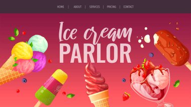 Çeşitli dondurmalarla birlikte web sayfası tasarımı. Dondurma salonu ya da dükkan, tatlı ürünler, tatlı konsepti. Poster, pankart, web sitesi, reklam, ticari ve menü için vektör illüstrasyonu.