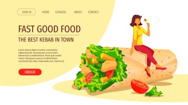 Fast food, kebap, aşçılık konsepti. Kocaman kebablı, tavuklu, domatesli, marullu, patates kızartmalı küçük bir kadın. Poster, afiş, el ilanı, menü, kart, broşür için vektör ilülasyonu.