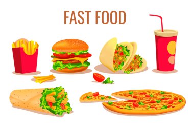 Fast food seti. Sokak kafesi, yemek pişirme, abur cubur, restoran menüsü konsepti. Hamburger, kebap, taco, pizza, patates kızartması ve soda. Pankart, poster, menü ve broşür için izole vektör ilüstrasyonuName.