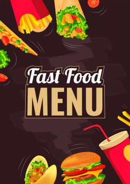 Hamburger, taco, kebap, patates kızartması ve koyu arkaplanda soda ile fast food menüsü tasarımı. Kafe ve restoran menüsü için vektör illüstrasyonu, poster, afiş, ilan, işaret.