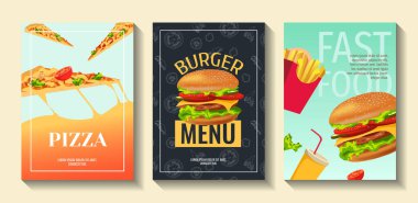 Fast food, yemek, kafe ve restoran menüsü, yemek siparişi, abur cubur. Pizza, taco, kebap ve hamburger. Pankart, poster, el ilanı, kapak, menü ve broşür için mükemmel bir illüstrasyon.