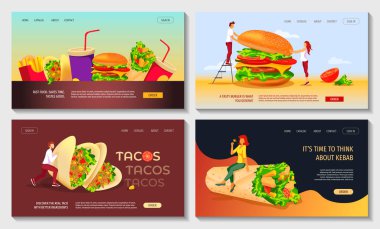 Fast food, yemek, kafe ve restoran menüsü, yemek siparişi, abur cubur. Pizza, taco, kebap ve hamburger. Pankart, poster, el ilanı, kapak, menü ve broşür için mükemmel bir illüstrasyon.
