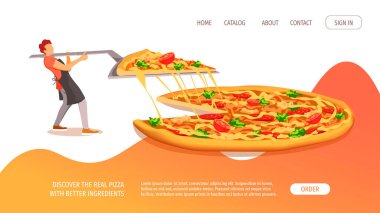 İtalyan restoranı, pizza, yemek pişirme, fast food konsepti. Küçük şef ve peynirli büyük pizza, domates, brokoli. Poster, afiş, el ilanı, menü ve broşür için izole vektör ilüstrasyonu.