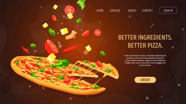 İtalyan restoranı, pizza, yemek pişirme, yemek siparişi, fast food için web sayfası tasarımı. Peynirli, domatesli, brokolili lezzetli pizza. Poster, afiş, broşür, menü, web sitesi için mükemmel.