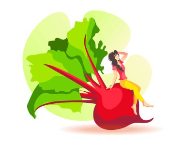 Pancar ve küçük kadın. Sağlıklı beslenme, organik gıda, diyet, çiftlik taze gıdası, çevrimiçi pazar, hasat konsepti. Poster, afiş, kart ve el ilanları için izole vektör ilüstrasyonu.