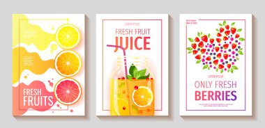Taze meyve ve böğürtlenli el ilanları. Portakal, greyfurt, limon, meyve suyu kavanozu. Menü, poster, afiş, broşür ve kapak için A4 Vektör illüstrasyonu.