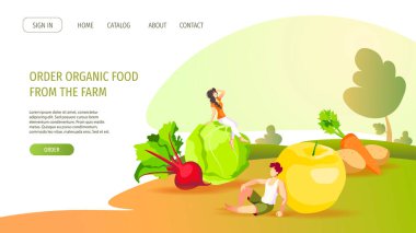 Sebzeler, meyveler ve küçük insanların olduğu bir site tasarımı. Sağlıklı beslenme, organik gıda, diyet, çiftlik taze gıdası, çevrimiçi pazar, hasat konsepti. Poster, afiş, web sayfası, broşür için vektör illüstrasyonu.