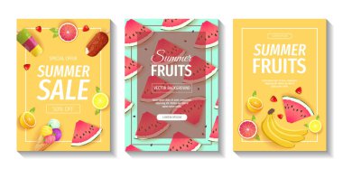 Set of flyers with fresh fruits. Watermelon, Oranges, Grapefruits, Lemons, Bananas. Vector illustration for summer sale, menu, posters, banners, flyers.