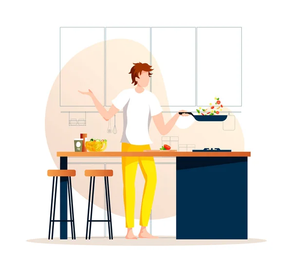 Hombre Preparando Comida Cocina Sartén Con Ingredientes Tazón Con Ensalada — Vector de stock