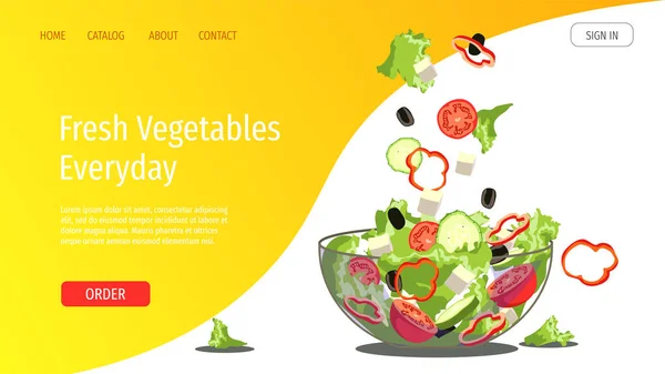 新鮮な野菜 サラダ 有機食品 自然食品 オンライン食品注文 レシピのためのウェブページのデザインテンプレート ポスター バナー ウェブサイト チラシ — ストックベクタ