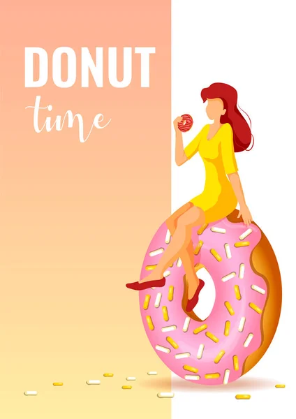 Flyer Design Avec Femme Assise Sur Énorme Beignet Donut Shop — Image vectorielle